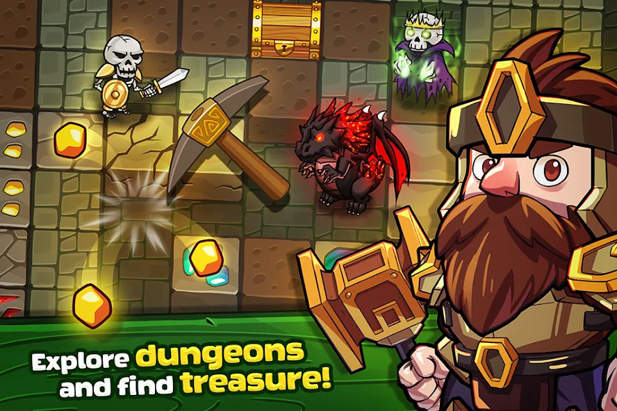 Mine Quest: Battle Dungeon RPG (Мод Безлимитные ресурсы и усиленные герои) — скриншот 1