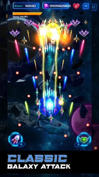 Взломанная Galaxy Attack: Space Shooter на Андроид — Безлимитные деньги и усиленное оружие — скриншот 1
