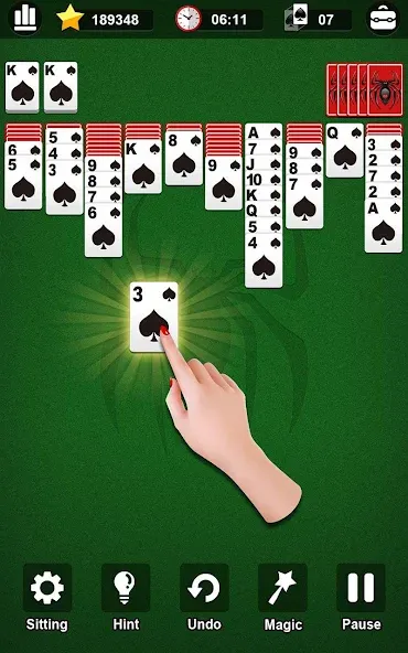 Spider Solitaire — Взломанная версия (Безлимитные подсказки и отмены ходов) — скриншот 1