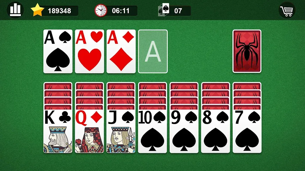 Spider Solitaire — Взломанная версия (Безлимитные подсказки и отмены ходов) — скриншот 4
