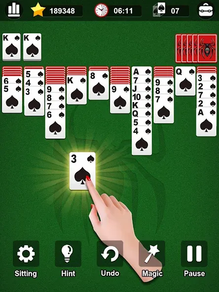 Spider Solitaire — Взломанная версия (Безлимитные подсказки и отмены ходов) — скриншот 5