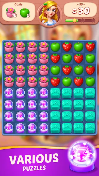 Взломанная Fruit Diary - Match 3 Games на Андроид — Безлимитные монеты и жизни — скриншот 5 Взломанная Fruit Diary - Match 3 Games на Андроид — Безлимитные монеты и жизни — скриншот 5