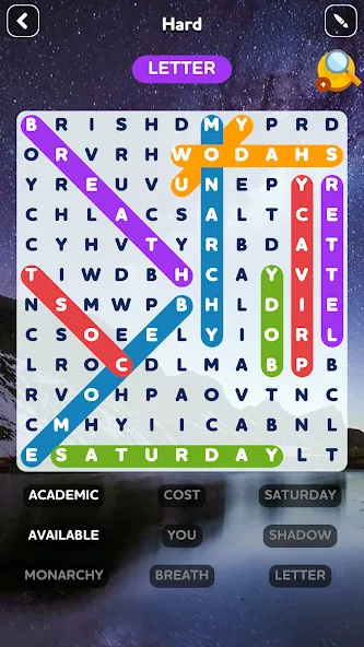 Скачать взломанную Word Search - Word Puzzle Game — Безлимитные подсказки и открыты уровни — скриншот 4