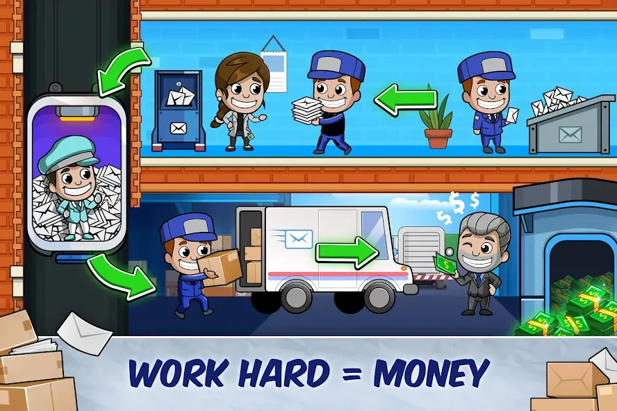 Взломанная Idle Mail Tycoon на Андроид — Безлимитные деньги и бонусы — скриншот 5 Взломанная Idle Mail Tycoon на Андроид — Безлимитные деньги и бонусы — скриншот 5