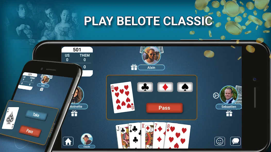 Blot Belote Coinche Online Mod APK Безлимитные монеты и подсказки — Скачать на Андроид — скриншот 1