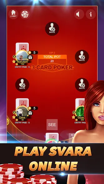Svara - 3 Card Poker Card Game MOD APK — Безлимитные фишки и открытые уровни — скриншот 1
