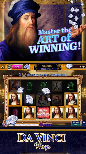 Da Vinci Diamonds Casino – Bes — Мод: Бесконечные монеты и бесплатные вращения — скриншот 2