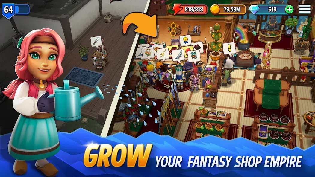Скачать Shop Titans: RPG Idle Tycoon — Модификация Безлимитные деньги и ресурсы — скриншот 1