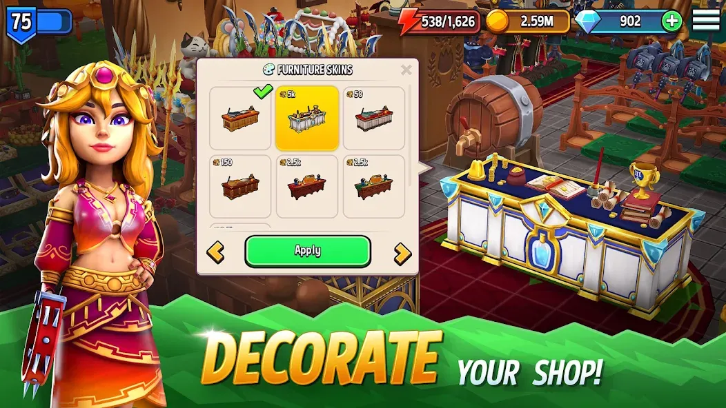 Скачать Shop Titans: RPG Idle Tycoon — Модификация Безлимитные деньги и ресурсы — скриншот 3