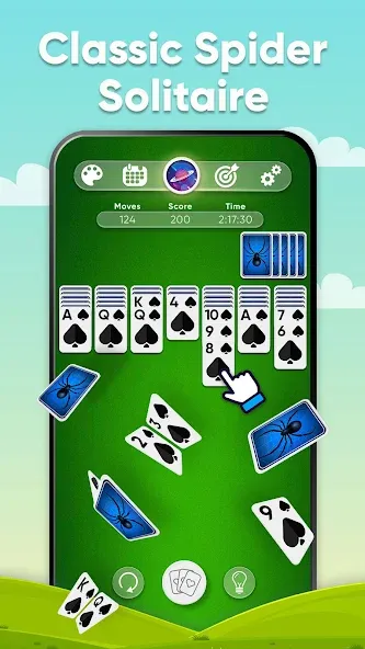 Взломанная Spider Solitaire на Андроид — Безлимитные подсказки и отмены ходов — скриншот 1