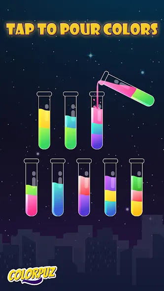 Взломанная Colorpuz - Water Sort Puzzle на Андроид — Без рекламы и все уровни открыты — скриншот 1