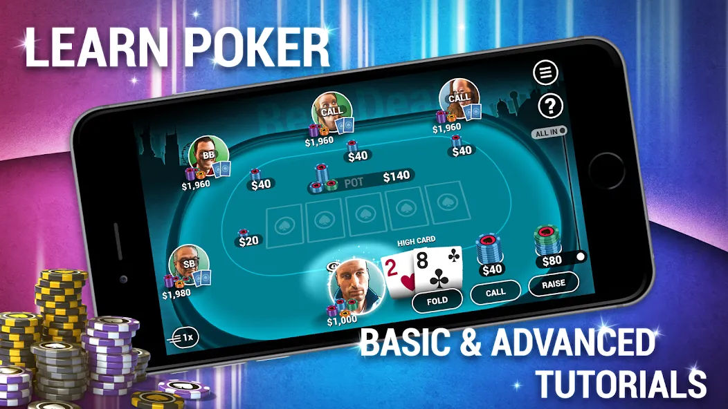 Learn How To Play Texas Poker на Андроид — Мод Бесконечные фишки и подсказки — скриншот 1
