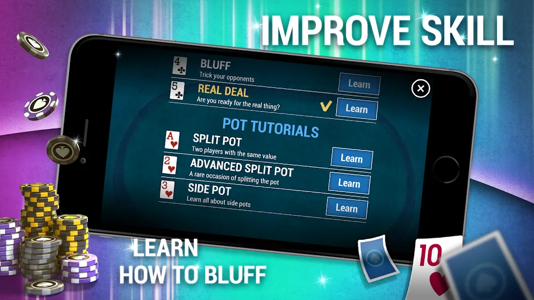 Learn How To Play Texas Poker на Андроид — Мод Бесконечные фишки и подсказки — скриншот 4