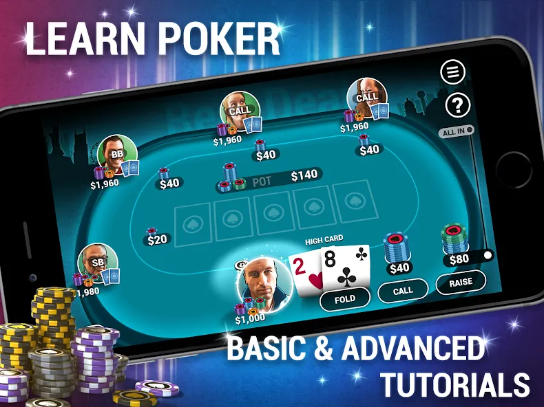 Learn How To Play Texas Poker на Андроид — Мод Бесконечные фишки и подсказки — скриншот 5
