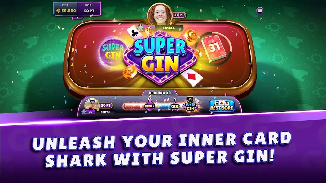 Gin Rummy Super - Card Game MOD APK на Android — Безлимитные монеты и открытые функции — скриншот 1