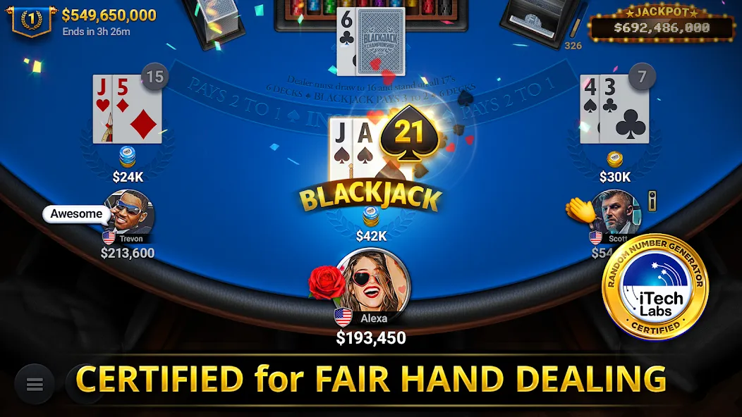 Взломанная Blackjack Championship на Андроид — Безлимитные фишки и открытые столы — скриншот 1